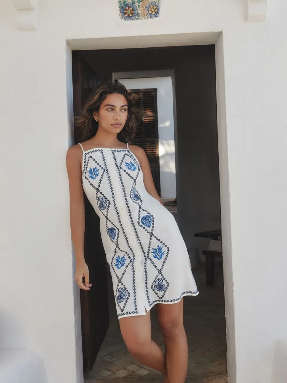 Wit - Embroidered Mini Shift Dress With Linen