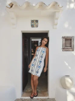 Wit - Embroidered Mini Shift Dress With Linen