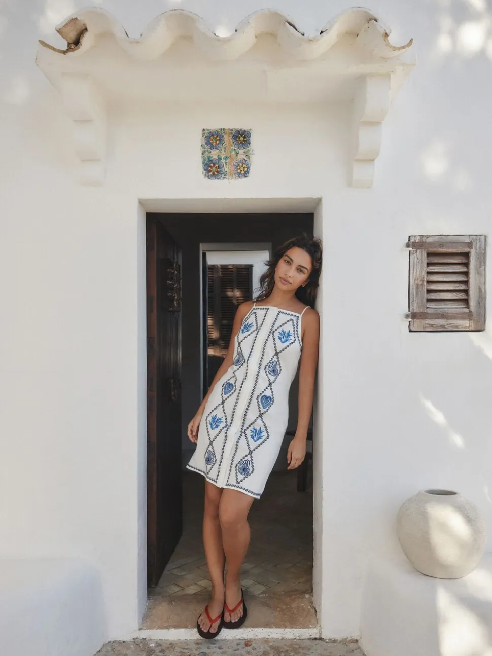 Wit - Embroidered Mini Shift Dress With Linen