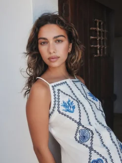 Wit - Embroidered Mini Shift Dress With Linen