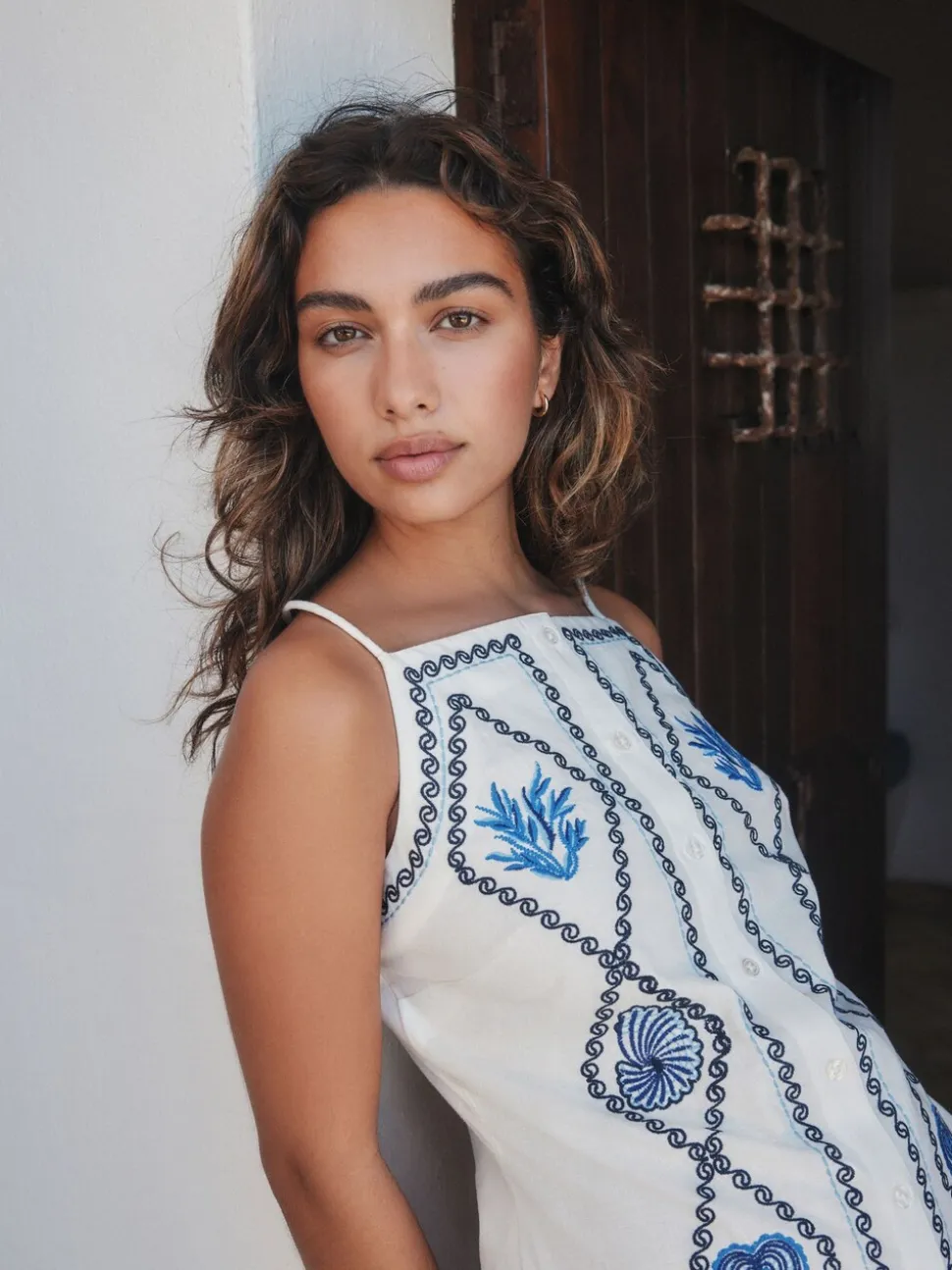 Wit - Embroidered Mini Shift Dress With Linen