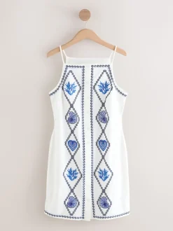 Wit - Embroidered Mini Shift Dress With Linen