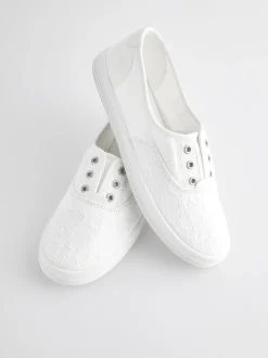 Wit - Geborduurde veterloze canvas instapsneakers