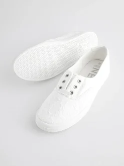Wit - Geborduurde veterloze canvas instapsneakers