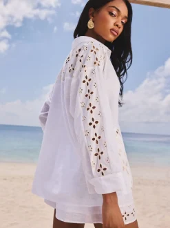 Wit - Lipsy ruimvallend strandoverhemd met broderie van 100% katoen