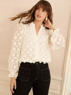 Wit - Love & Roses 3D blouse met lange mouwen en stippen