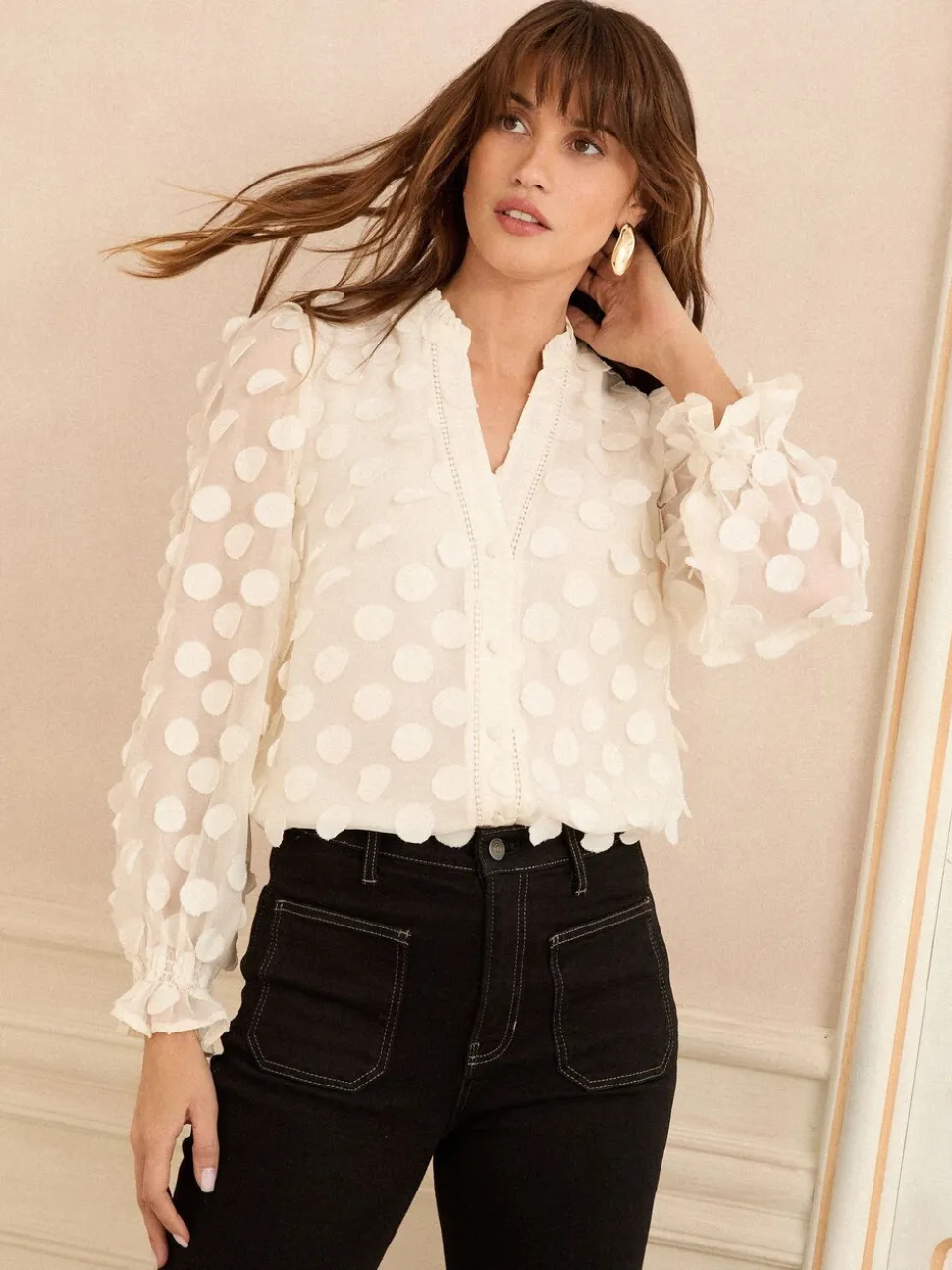 Wit - Love & Roses 3D blouse met lange mouwen en stippen