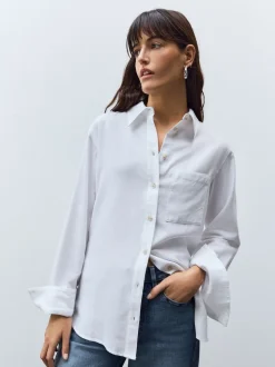 Wit - Ruimvallend 100% katoenen button-down casual overhemd met lange mouwen