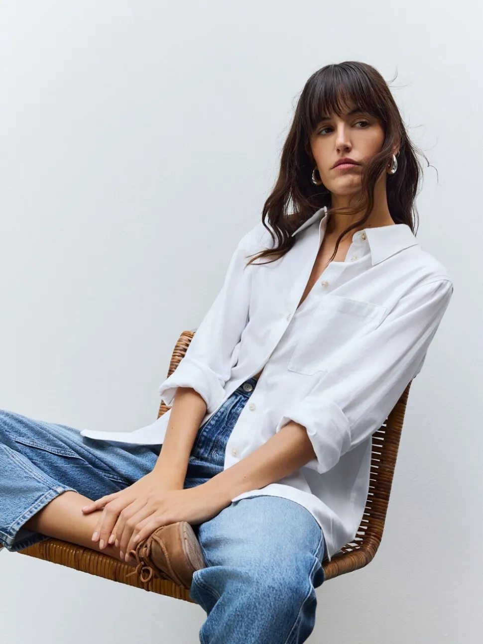 Wit - Ruimvallend 100% katoenen button-down casual overhemd met lange mouwen