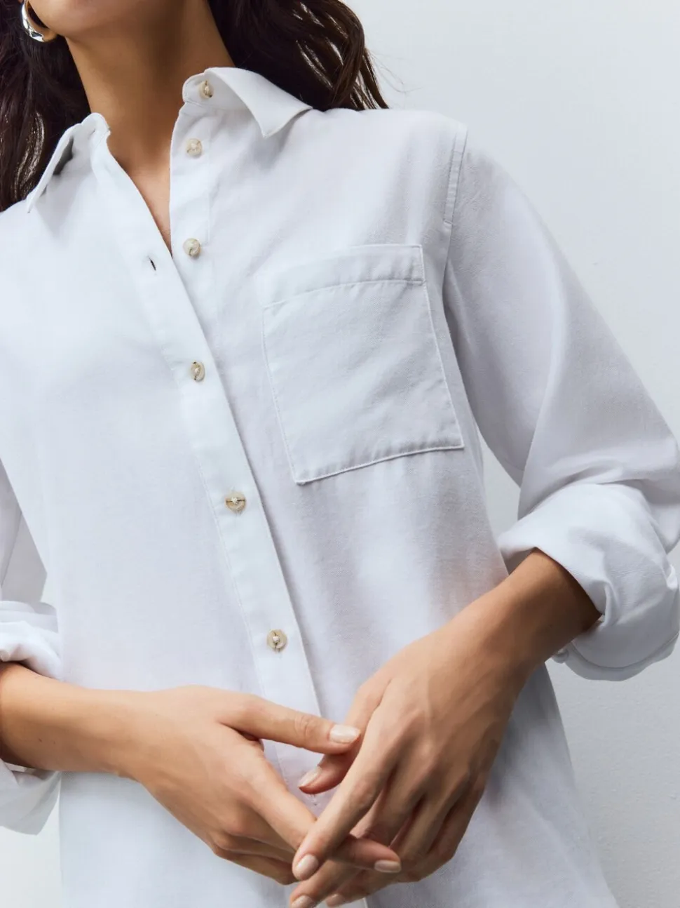 Wit - Ruimvallend 100% katoenen button-down casual overhemd met lange mouwen