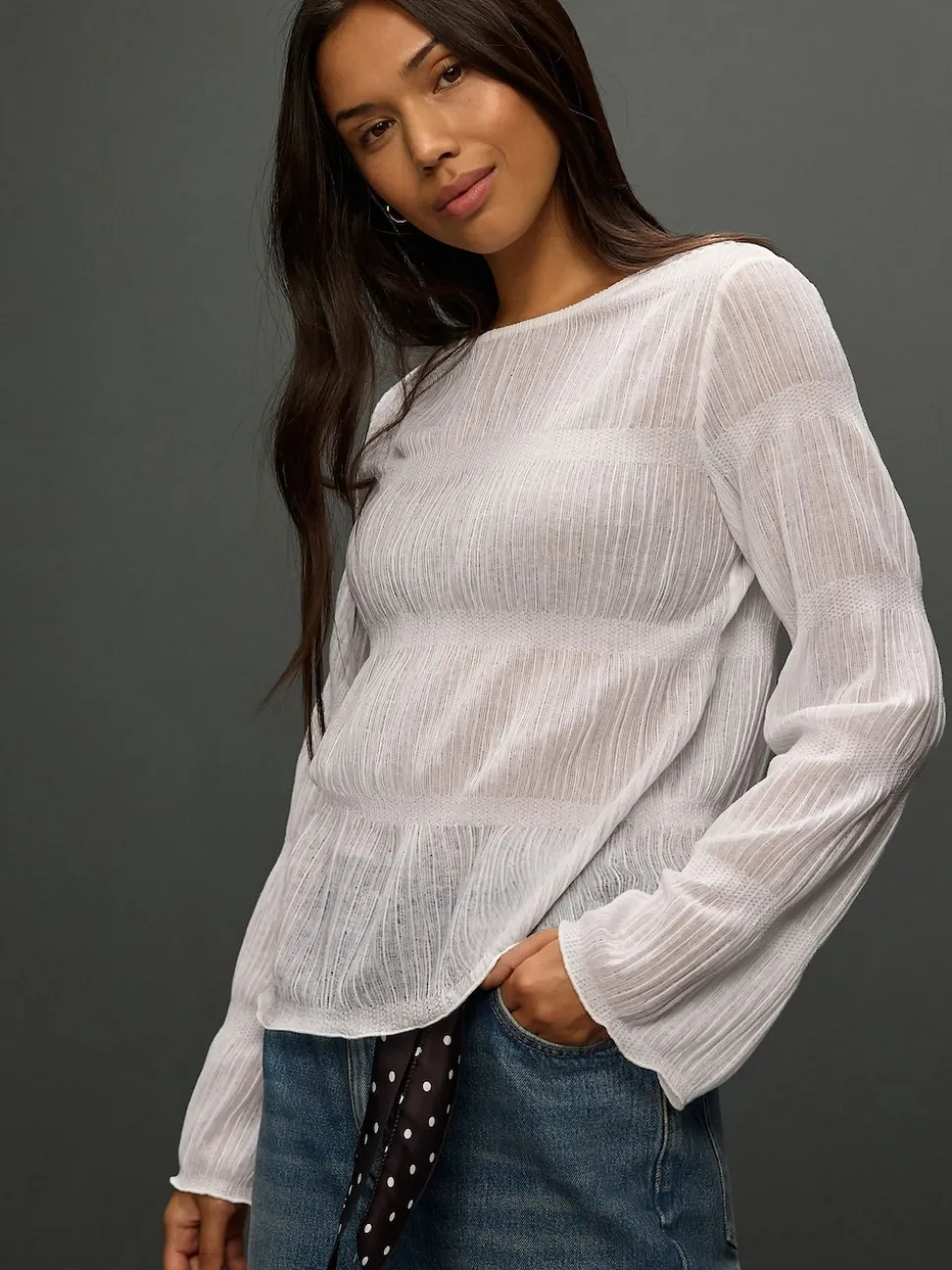 Wit - Shirred Long Sleeve Crew Neck Top