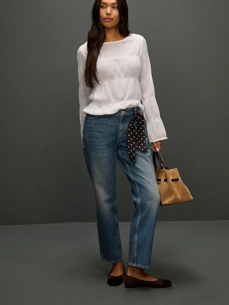 Wit - Shirred Long Sleeve Crew Neck Top