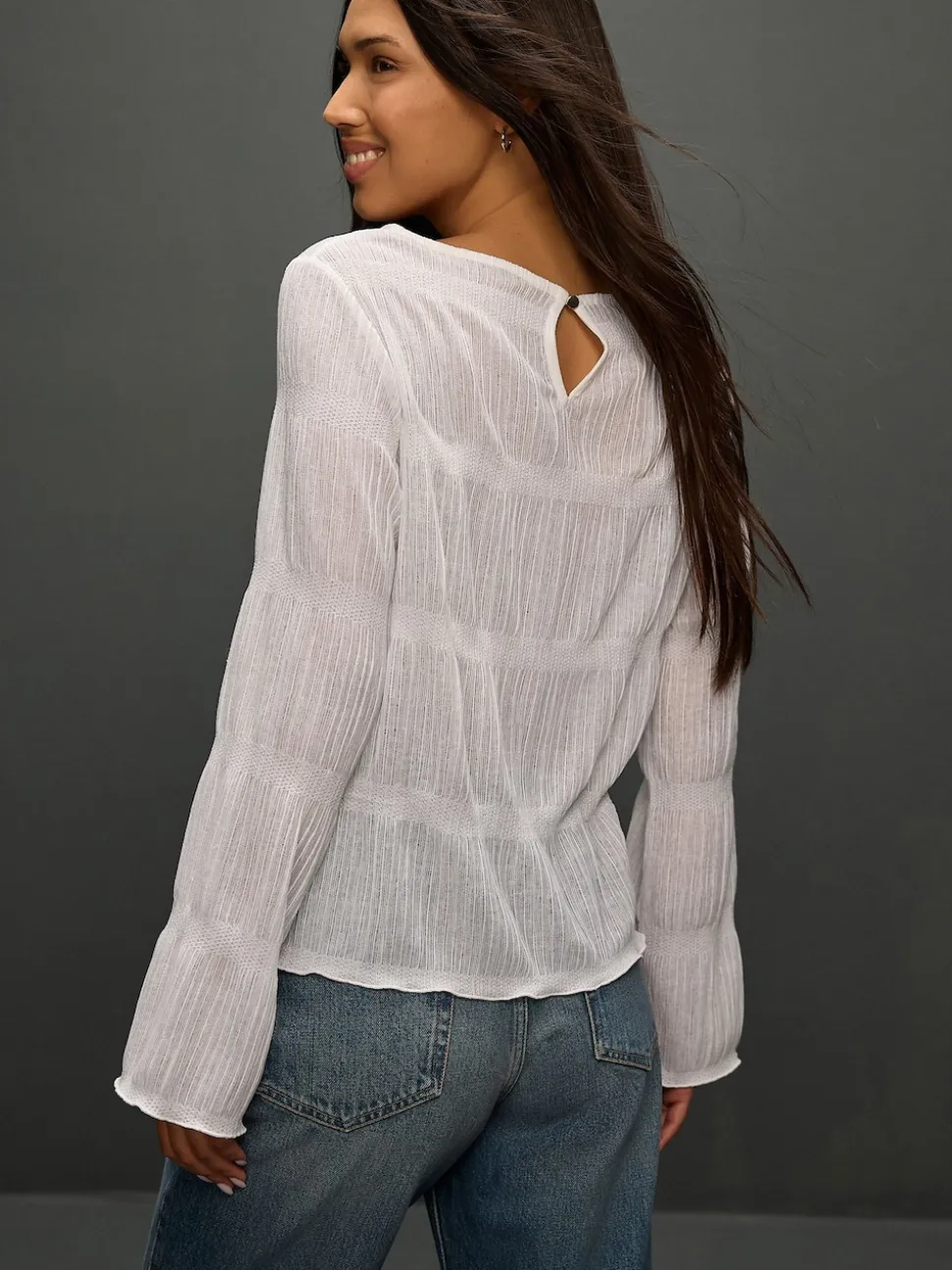 Wit - Shirred Long Sleeve Crew Neck Top