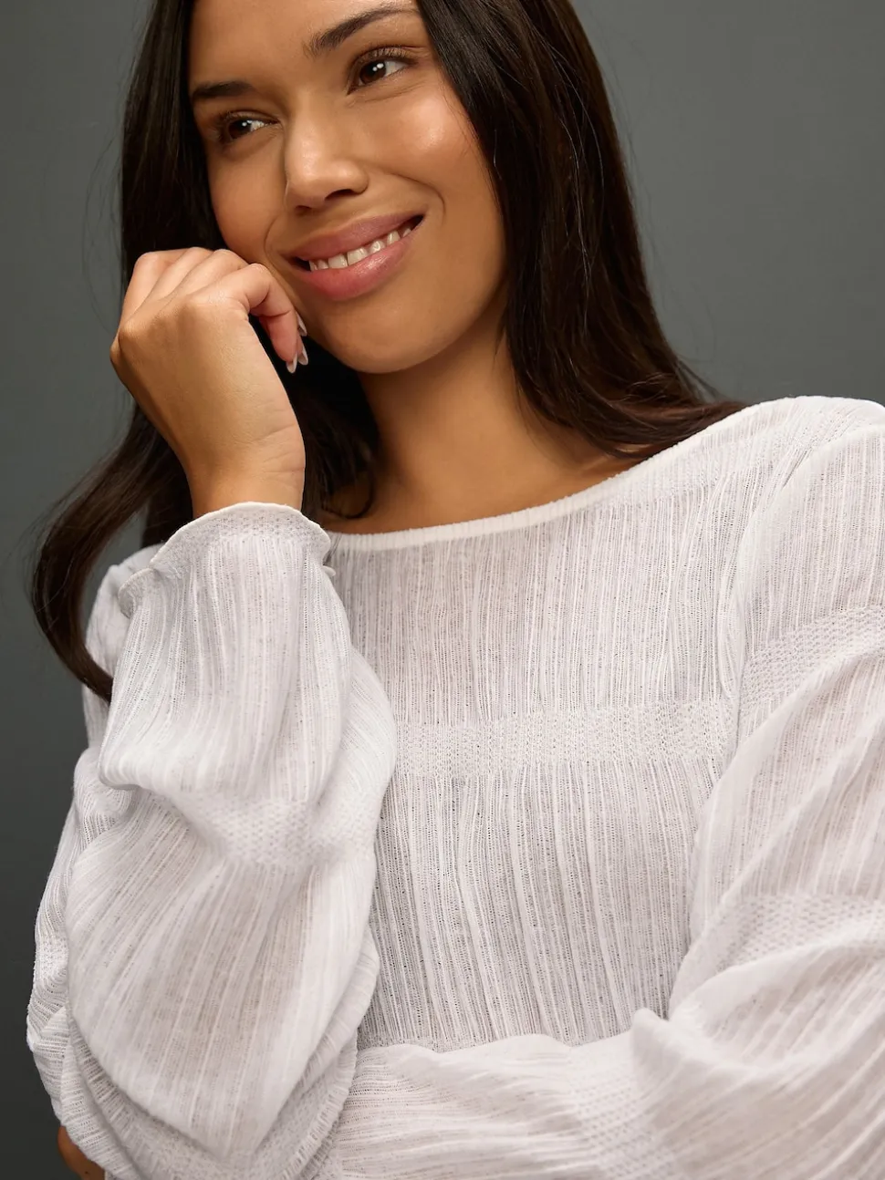 Wit - Shirred Long Sleeve Crew Neck Top