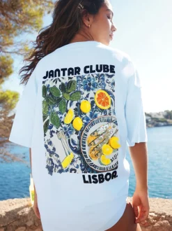 Wit/blauw - T-shirt met strandprint en grafische print