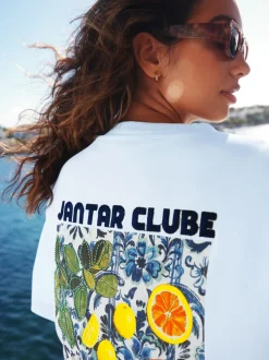 Wit/blauw - T-shirt met strandprint en grafische print