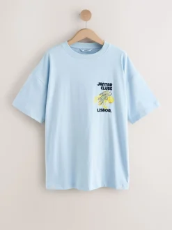 Wit/blauw - T-shirt met strandprint en grafische print