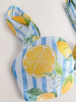 Wit/Blauw Piqué Strepen Citroenprint - Bandeaubikinitop met beugel
