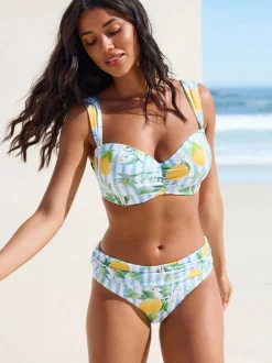 Wit/Blauw Piqué Strepen Citroenprint - Bikinibroekje met omgerolde bovenkant