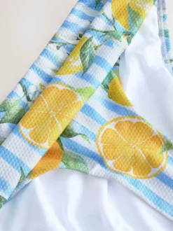 Wit/Blauw Piqué Strepen Citroenprint - Bikinibroekje met omgerolde bovenkant