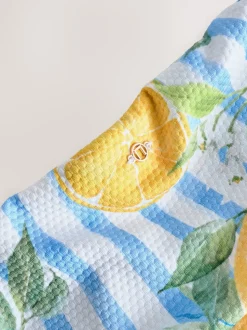 Wit/Blauw Piqué Strepen Citroenprint - Bikinibroekje met omgerolde bovenkant