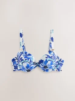 Wit/blauw porselein - Buikcorrigerende bikinitop met vulling en beugel