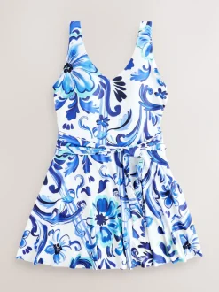 Wit/blauw porselein - Vormgevend, buikcorrigerend zwemjurk met rokje