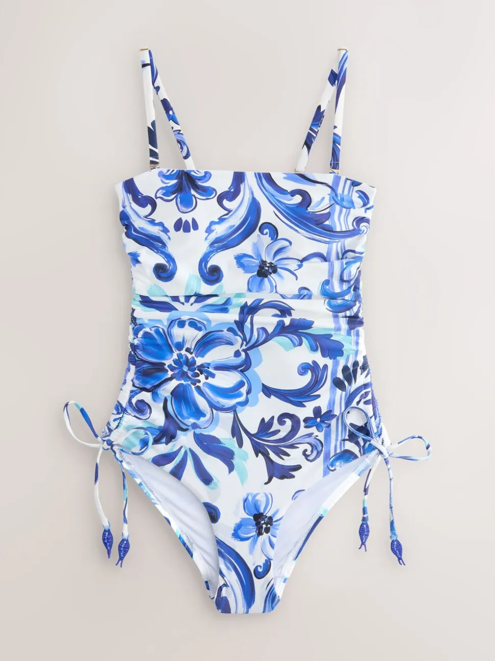 Wit/blauw porselein - Vormgevend bandeaubadpak met buikcorrectie en afgeronde pijpen