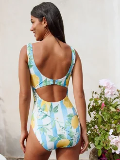 Wit/Blauw Strepen citroen Print - Buikcorrigerend DD+ badpak met beugels en ronde hals