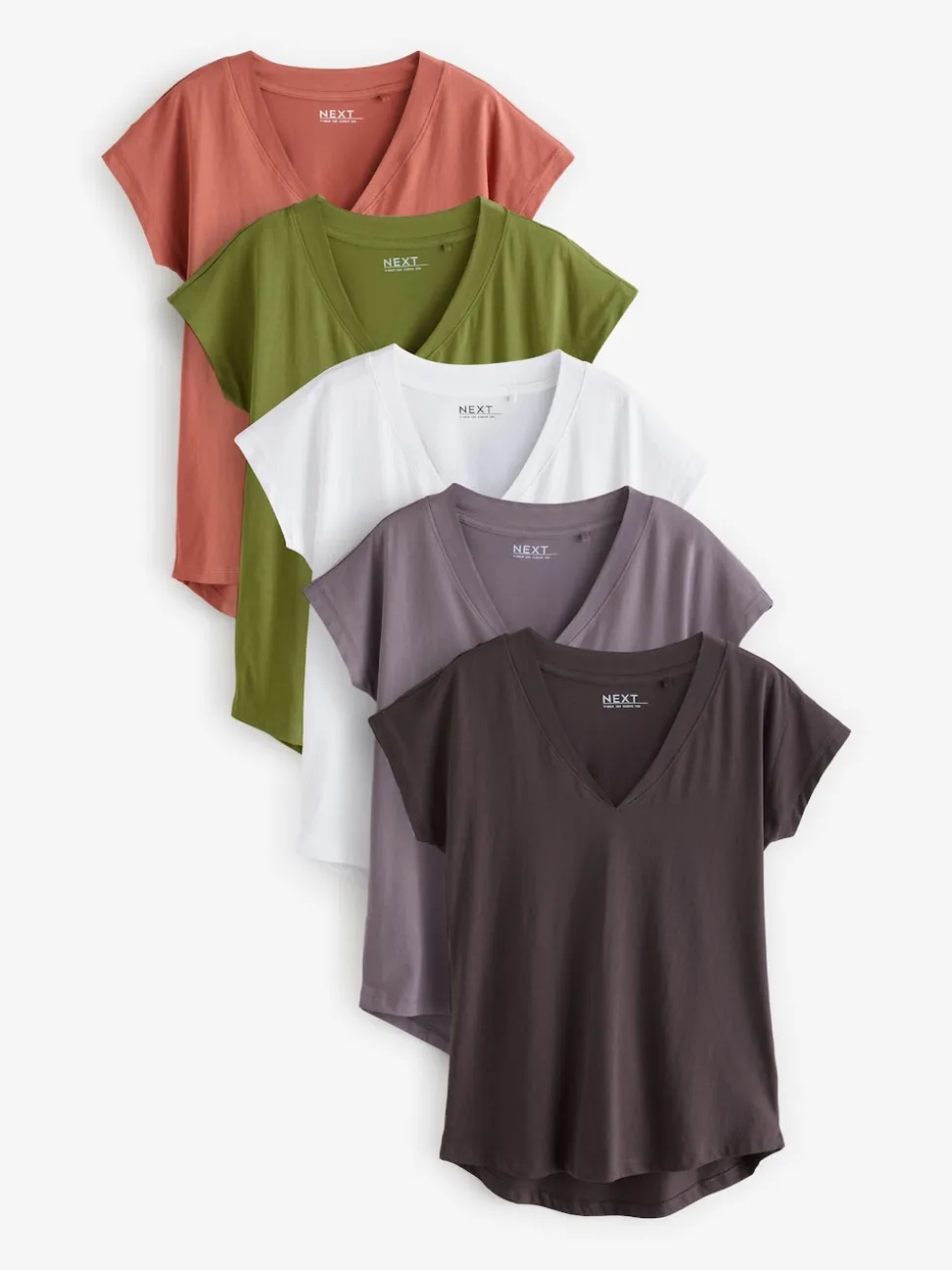 Wit/grijs/khaki/roest/bruin - Set van 5 T-shirts met V-hals en kapmouwen van 100% katoen
