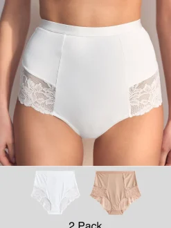 Wit/huidskleur - Verpakking van 2 Braziliaanse slipjes met kanten achterkant en buikcorrigerend effect en print