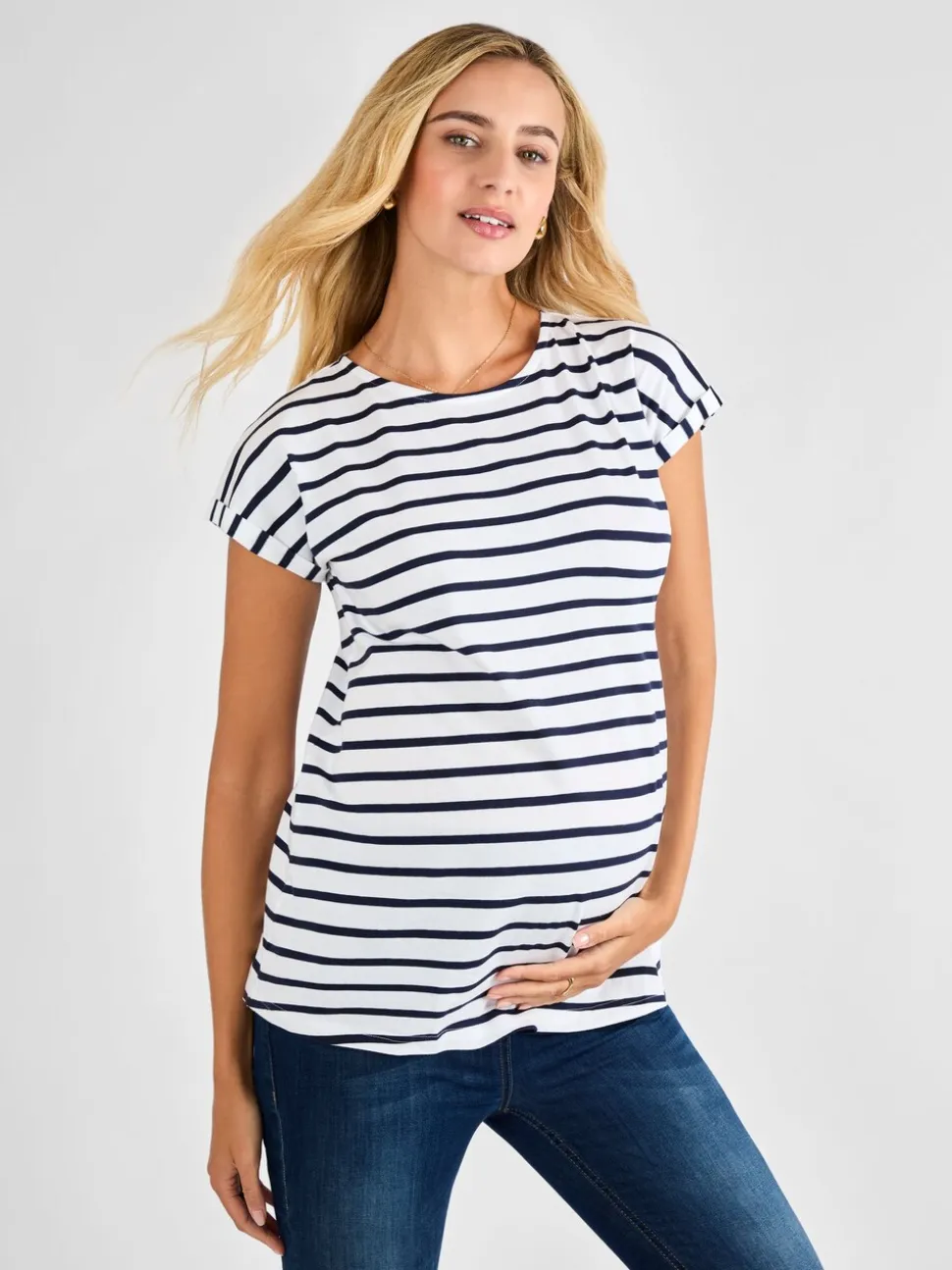Wit/marineblauw gestreept - Jojo Maman Bébé - Katoenen boyfriend-T-shirt voor zwangerschap