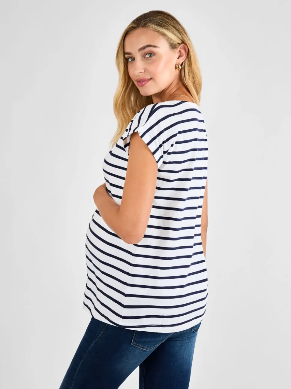 Wit/marineblauw gestreept - Jojo Maman Bébé - Katoenen boyfriend-T-shirt voor zwangerschap