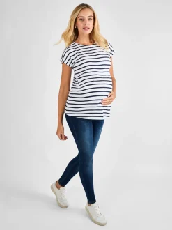 Wit/marineblauw gestreept - Jojo Maman Bébé - Katoenen boyfriend-T-shirt voor zwangerschap
