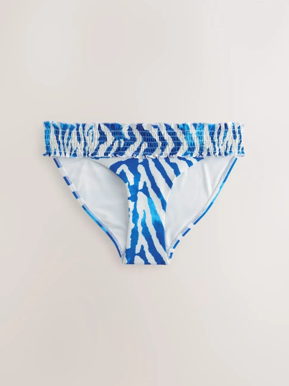 Witte/blauwe zebraprint - Gerimpelde bikinislip met hoge taille