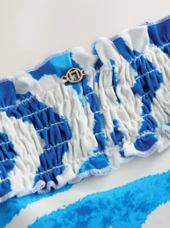 Witte/blauwe zebraprint - Gerimpelde bikinislip met hoge taille
