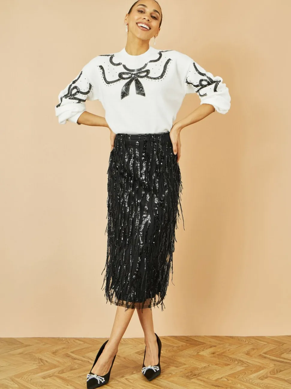 Yumi Hanging Sequin Fitted Midi Skirt
