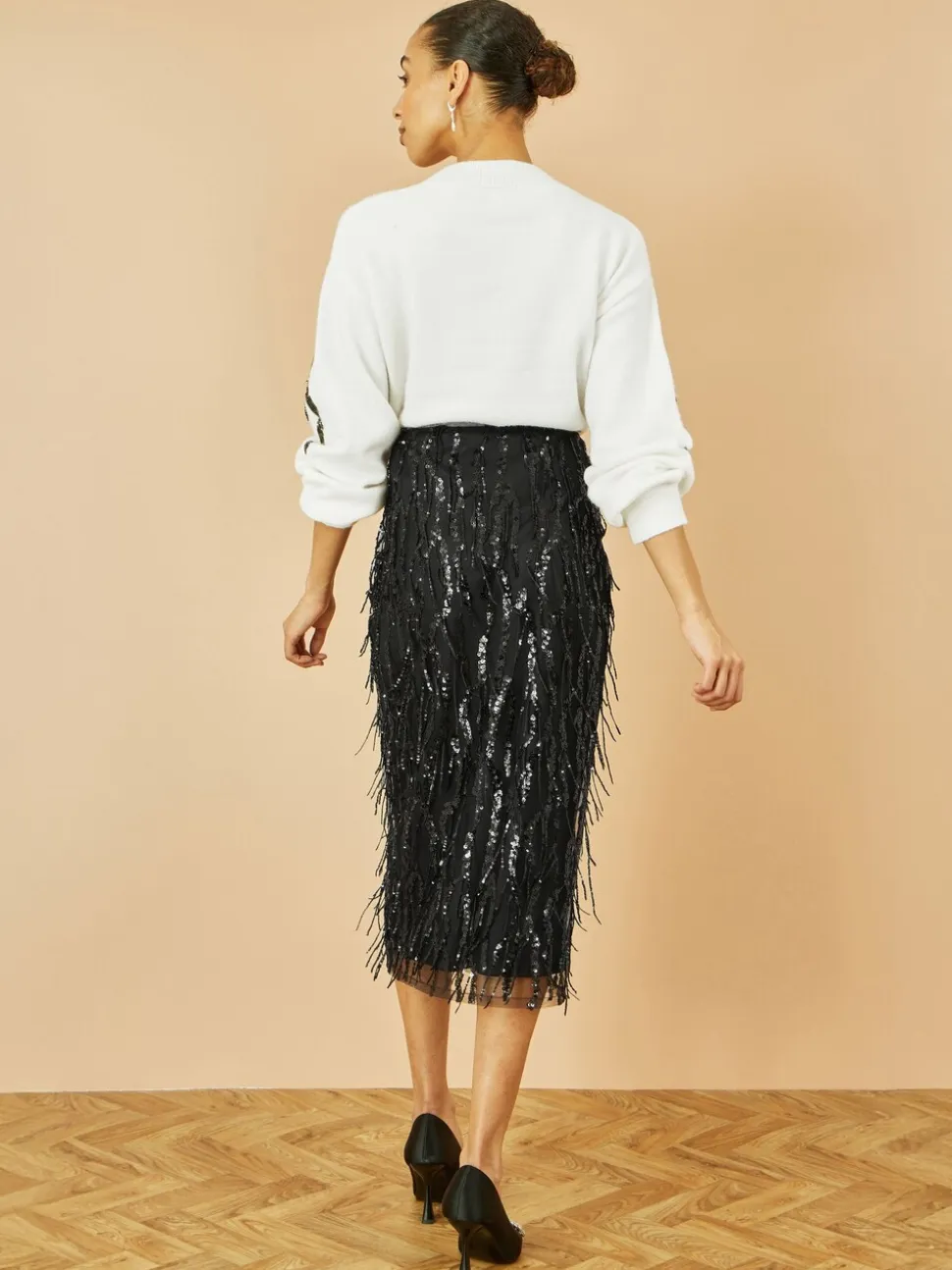 Yumi Hanging Sequin Fitted Midi Skirt
