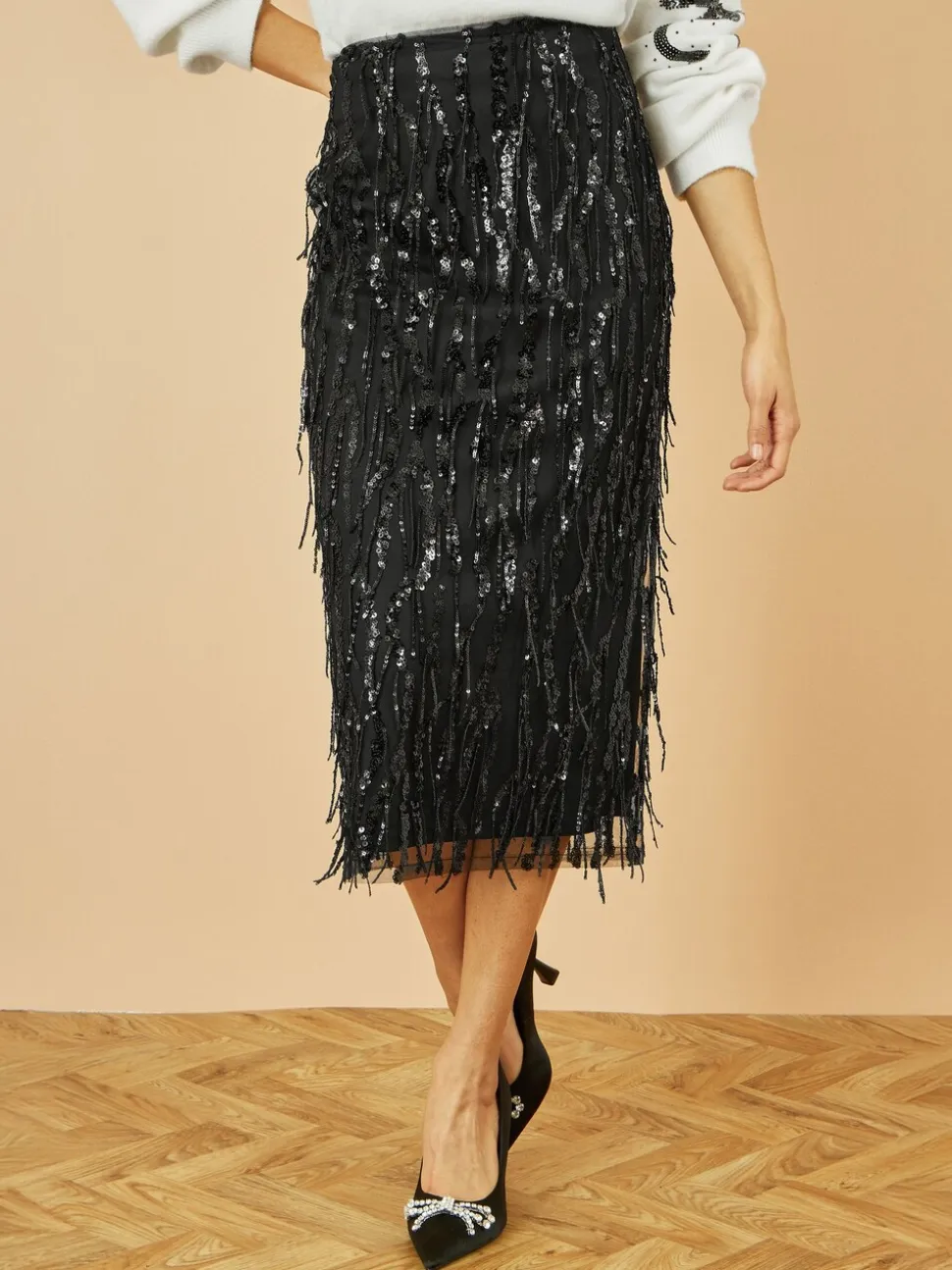 Yumi Hanging Sequin Fitted Midi Skirt