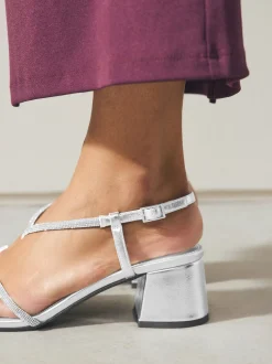 Zilver - Forever Comfort Square Toe Jewelled Strappy Block Heeled Sandals