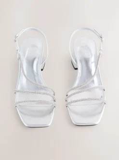 Zilver - Forever Comfort Square Toe Jewelled Strappy Block Heeled Sandals