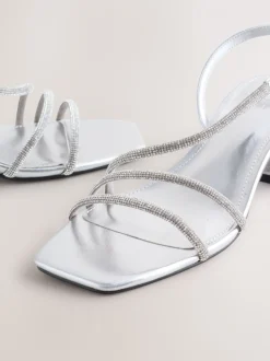 Zilver - Forever Comfort Square Toe Jewelled Strappy Block Heeled Sandals