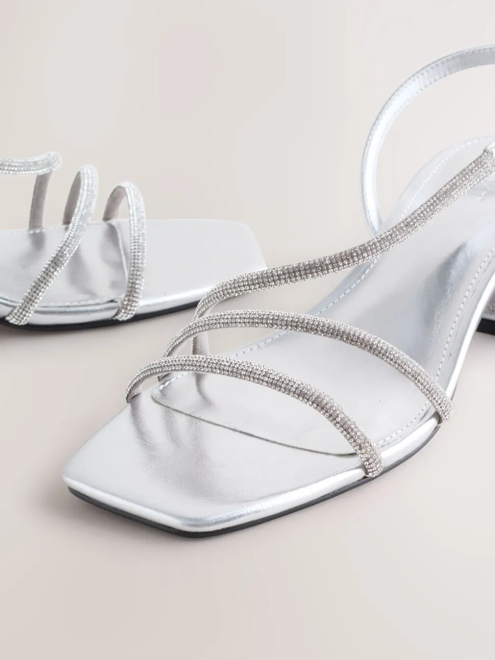 Zilver - Forever Comfort Square Toe Jewelled Strappy Block Heeled Sandals
