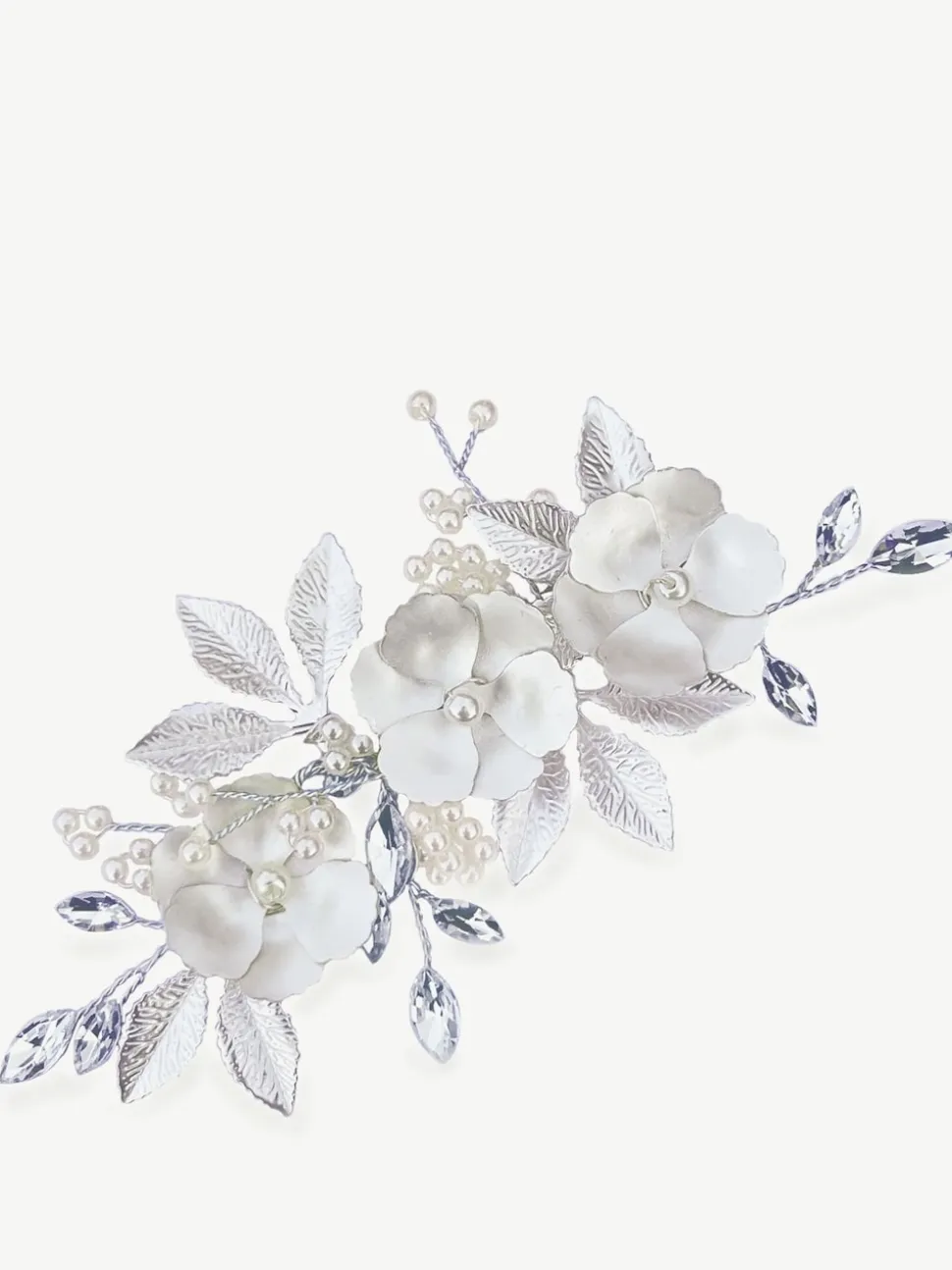 Zilver - Ivory & Co - Gardenia klem met kristallen, parels en geëmailleerde bloem