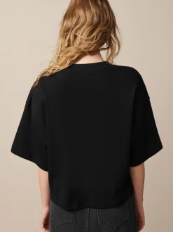 Zwart - Boxy oversized T-shirt met relaxte pasvorm van zware stof en ronde hals