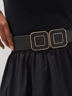 Zwart - Brede riem met raffia-effect en vierkante gesp