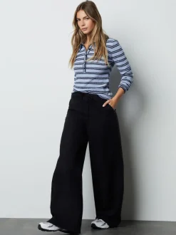 Zwart - Broek met wijde pijpen van gemengd linnen