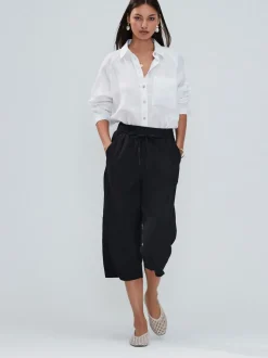 Zwart - Culottes van linnenmix met taillekoord