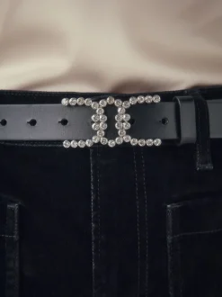 Zwart - Diamante Statement Buckle Regular Leather Belt