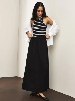 Zwart - Elastic Waist Cotton Blend Midi Skirt